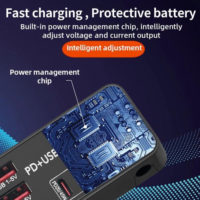 OEM - H988B Snabbladdare med 3 USB + 2 Type-C PD, digital display, EU-plugg