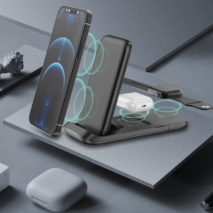 OEM - HS-V8 3-i-1 15W Fällbar Trådlös Laddare Qi för iPhone, Apple Watch, AirPods