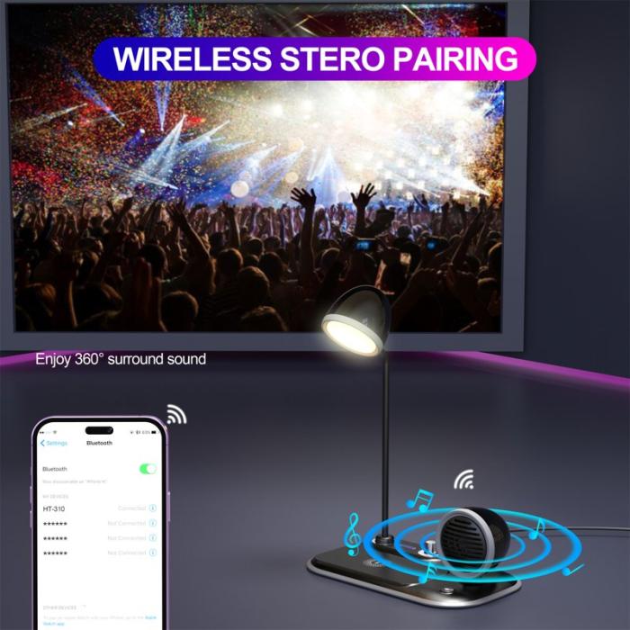 OEM - HT-310 3-i-1 15W Trådlös Laddare med LED-lampa och Bluetooth-högtalare - Svart