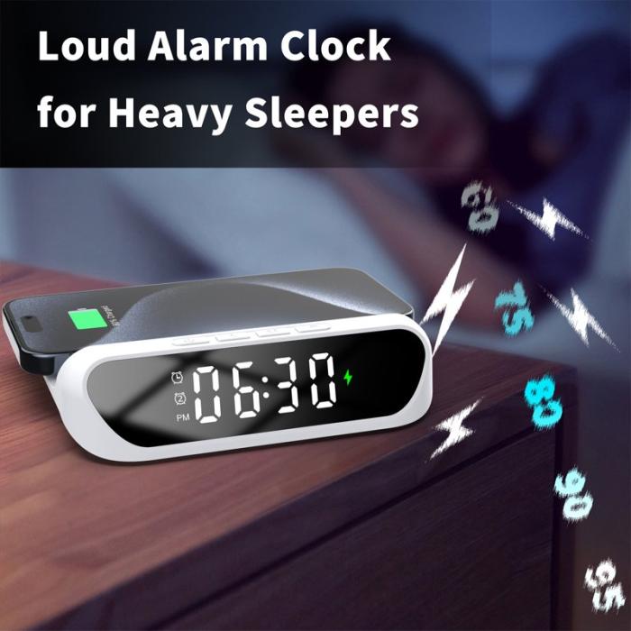 OEM - HT-331 2-i-1 15W Trådlös Laddare med Dimmbar Väckarklocka - Vit