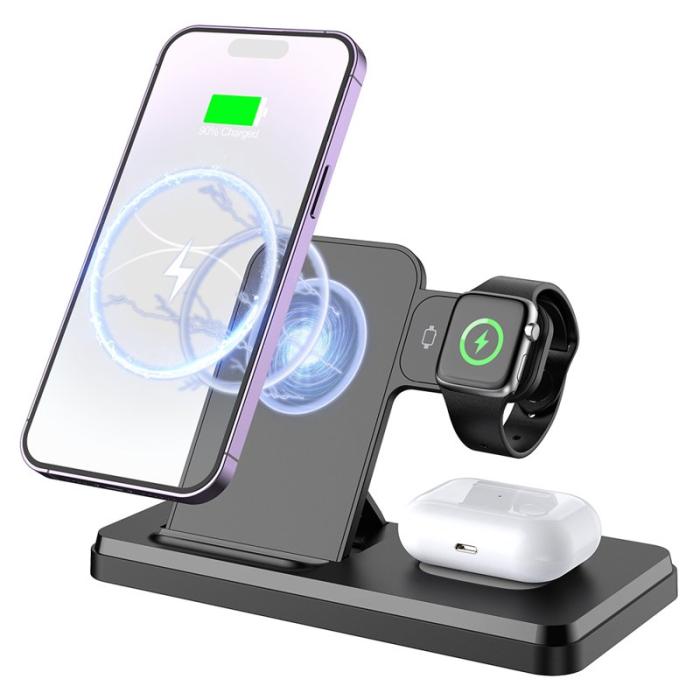 OEM - HT-514 3-i-1 Fällbar Laddningsdocka 15W Trådlös Laddare - Svart