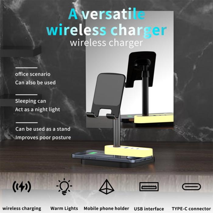 OEM - HT-531 Trådlös laddare 15W med nattlampa och telefonstativ - Svart