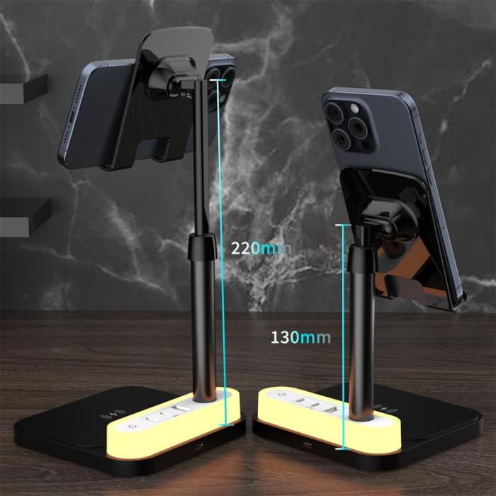 OEM - HT-531 Trådlös laddare 15W med nattlampa och telefonstativ - Svart