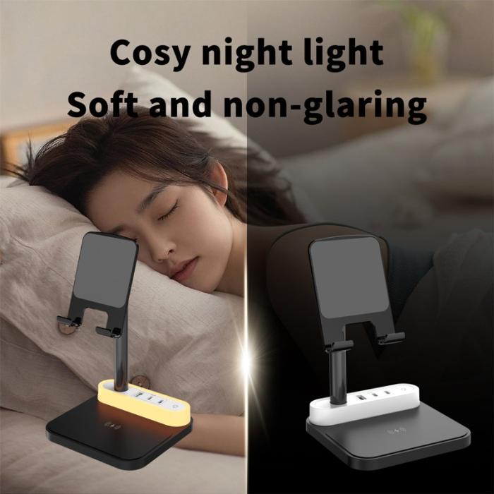 OEM - HT-531 Trådlös laddare 15W med nattlampa och telefonstativ - Svart