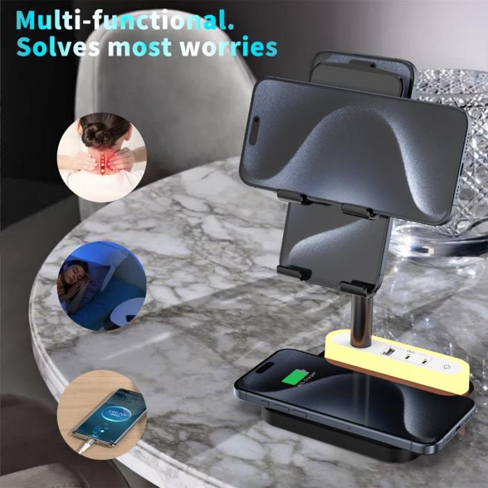 OEM - HT-531 Trådlös laddare 15W med nattlampa och telefonstativ - Svart