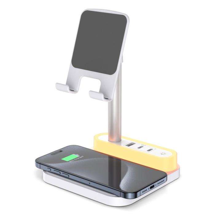 OEM - HT-531 Trådlös laddare 15W med nattlampa och telefonstativ - Vit