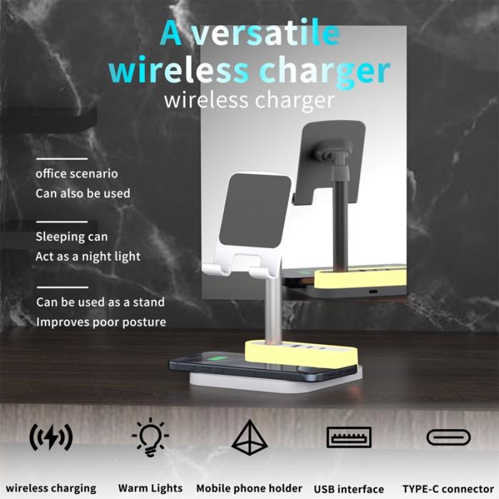 OEM - HT-531 Trådlös laddare 15W med nattlampa och telefonstativ - Vit