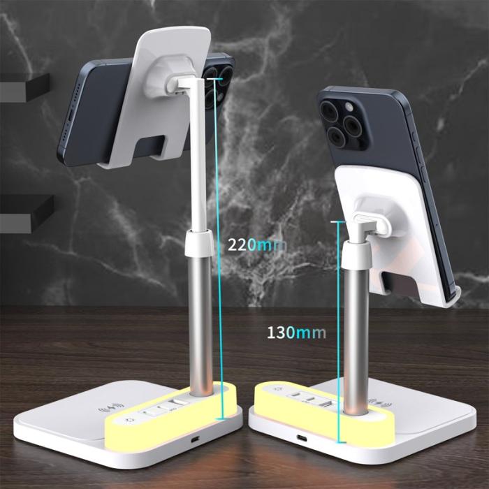 OEM - HT-531 Trådlös laddare 15W med nattlampa och telefonstativ - Vit