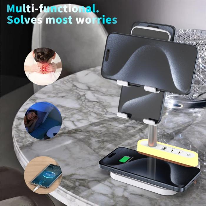 OEM - HT-531 Trådlös laddare 15W med nattlampa och telefonstativ - Vit