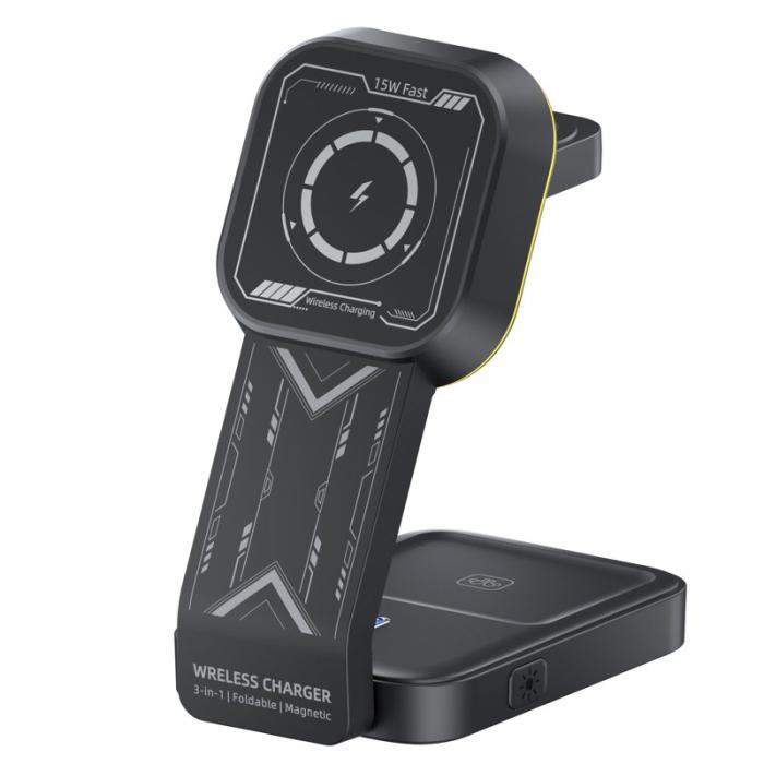 OEM - HT-538 3-i-1 Fällbar 15W Magnetisk Trådlös Laddare med Nattlampa - Svart