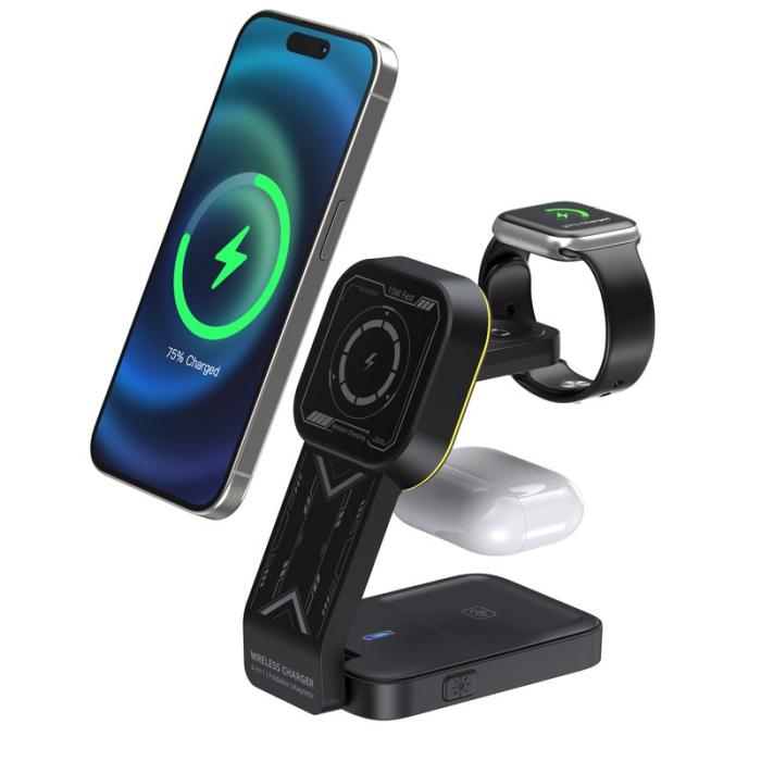 OEM - HT-538 3-i-1 Fällbar 15W Magnetisk Trådlös Laddare med Nattlampa - Svart