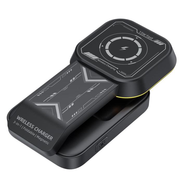 OEM - HT-538 3-i-1 Fällbar 15W Magnetisk Trådlös Laddare med Nattlampa - Svart