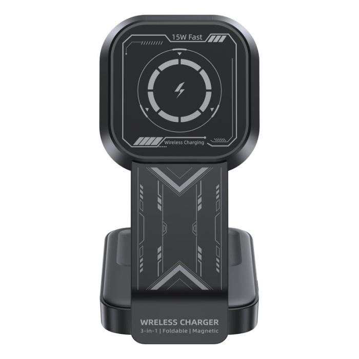 OEM - HT-538 3-i-1 Fällbar 15W Magnetisk Trådlös Laddare med Nattlampa - Svart