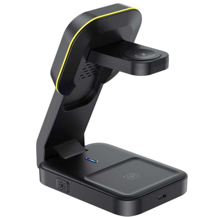 OEM - HT-538 3-i-1 Fällbar 15W Magnetisk Trådlös Laddare med Nattlampa - Svart