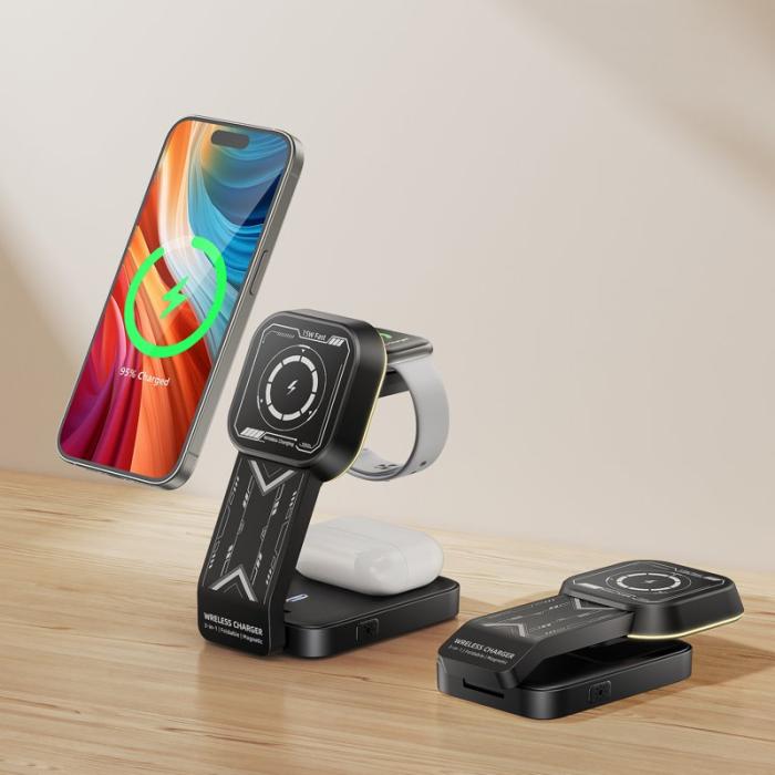 OEM - HT-538 3-i-1 Fällbar 15W Magnetisk Trådlös Laddare med Nattlampa - Svart