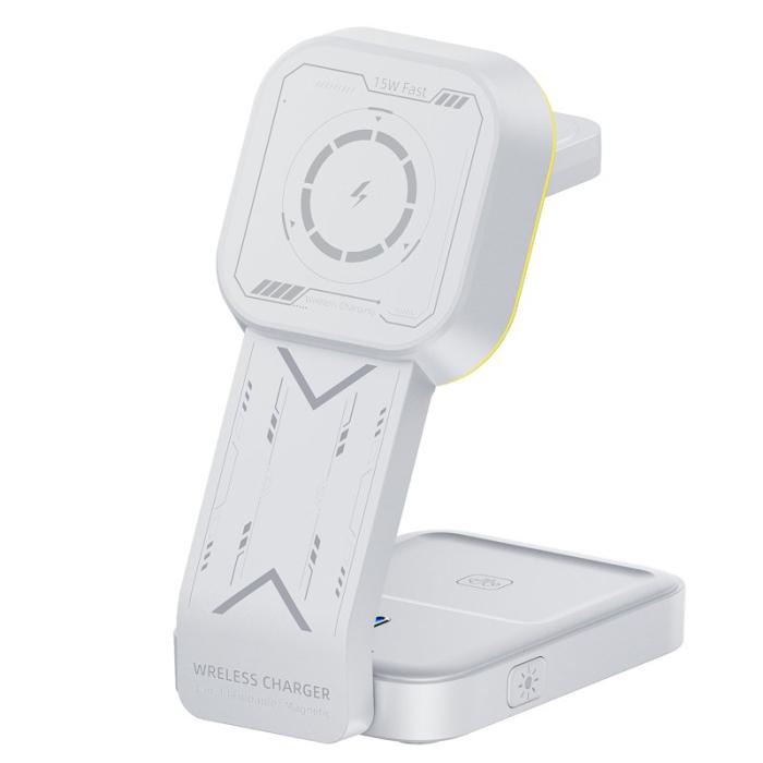 OEM - HT-538 3-i-1 Fällbar 15W Magnetisk Trådlös Laddare med Nattlampa - Vit