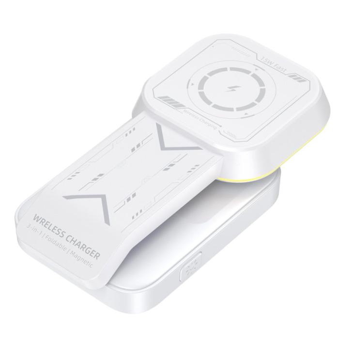 OEM - HT-538 3-i-1 Fällbar 15W Magnetisk Trådlös Laddare med Nattlampa - Vit