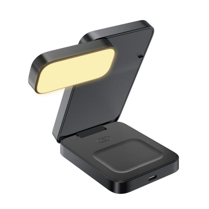 OEM - HT-545 Fällbar Magnetisk Trådlös Laddare med Nattlampa 15W - Svart