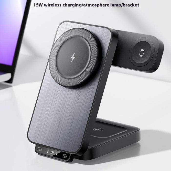 OEM - HT-545 Fällbar Magnetisk Trådlös Laddare med Nattlampa 15W - Svart