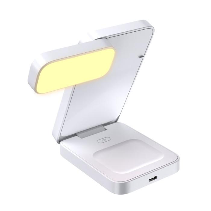 OEM - HT-545 Fällbar Magnetisk Trådlös Laddare med Nattlampa 3-i-1 15W - Vit