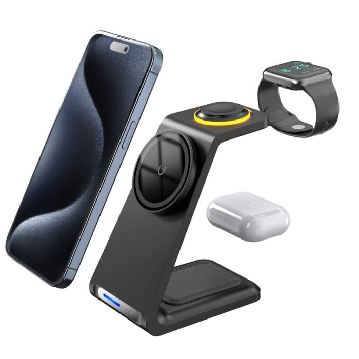 OEM - HT-546 15W Magnetisk Trådlös Laddare med Ställning och Nattlampa - Svart