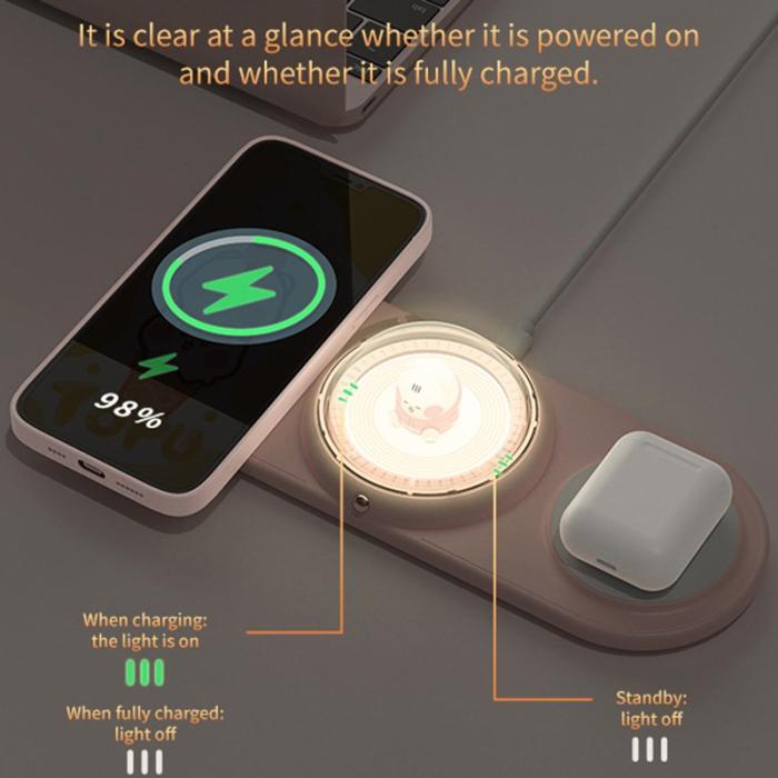 OEM - ICARER FAMILY 2-i-1 Söt Cartoon Design Trådlös Laddare - Rosa