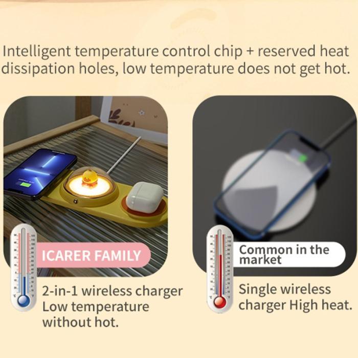 OEM - ICARER FAMILY 2-i-1 Söt Cartoon Design Trådlös Laddare - Svart