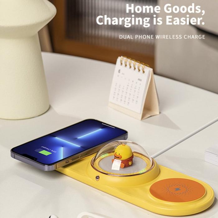 OEM - ICARER FAMILY 2-i-1 Söt tecknad trådlös laddare för telefon och hörlurar - Gul