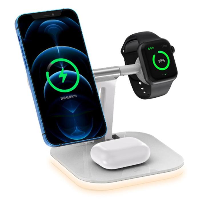 OEM - JJT-971 3-i-1 Avtagbar Magnetisk Trådlös Laddare för iPhone / Apple Watch - Vit