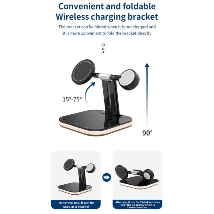 OEM - JJT-971 3-i-1 Avtagbar Magnetisk Trådlös Laddare för iPhone / Apple Watch - Vit