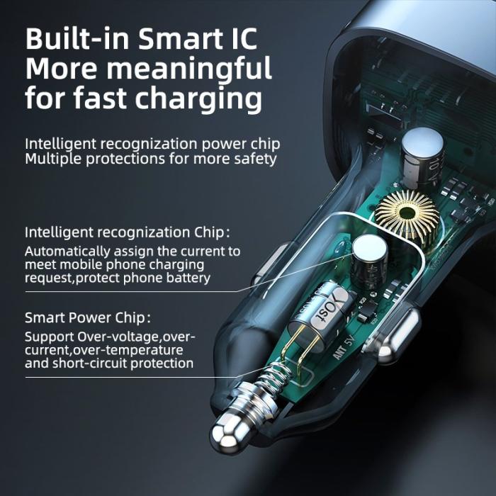 OEM - K12 Snabbladdare 2 USB + 1 Type-C PD Biladapter med Type-C / 8-Pins kabel