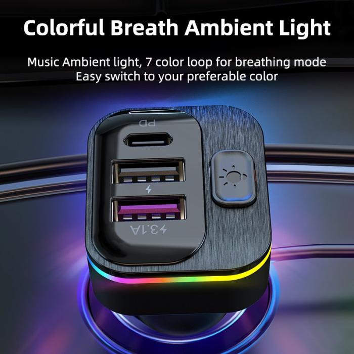 OEM - K12 Snabbladdare 2 USB + 1 Type-C PD Biladapter med Type-C / 8-Pins kabel