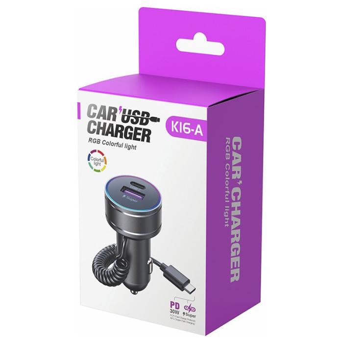 OEM - K16A Snabbladdare för bil med PD 30W Typ C fjädrande kabel