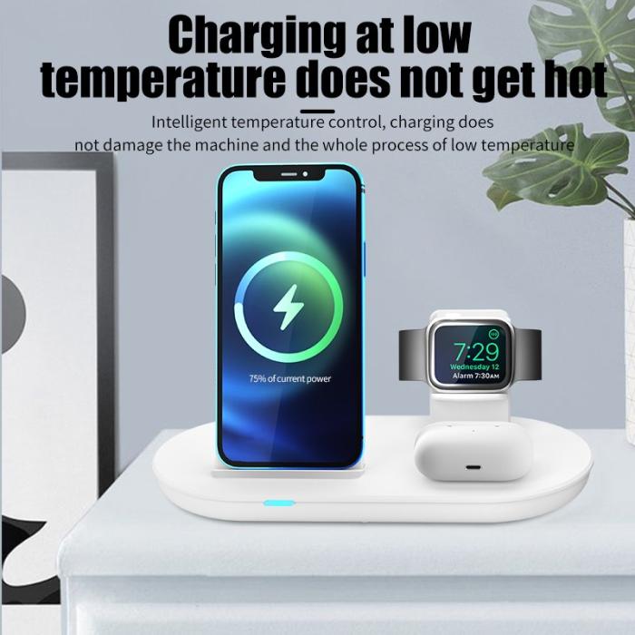 OEM - K3 3-i-1 15W Snabbladdare Trådlös Ställ för iPhone, Airpods, Apple Watch - Vit