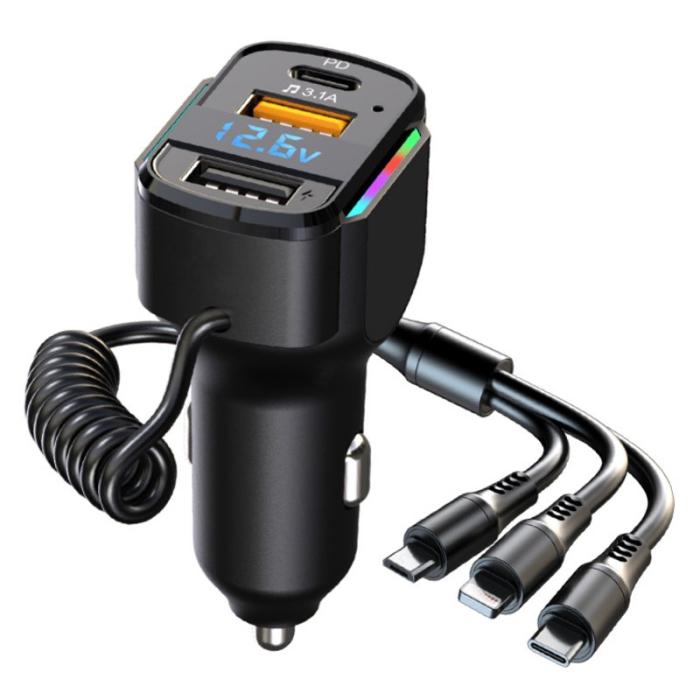 OEM - K4 Dual USB + 1 Type-C PD Snabbladdare för bil med digital display, svart