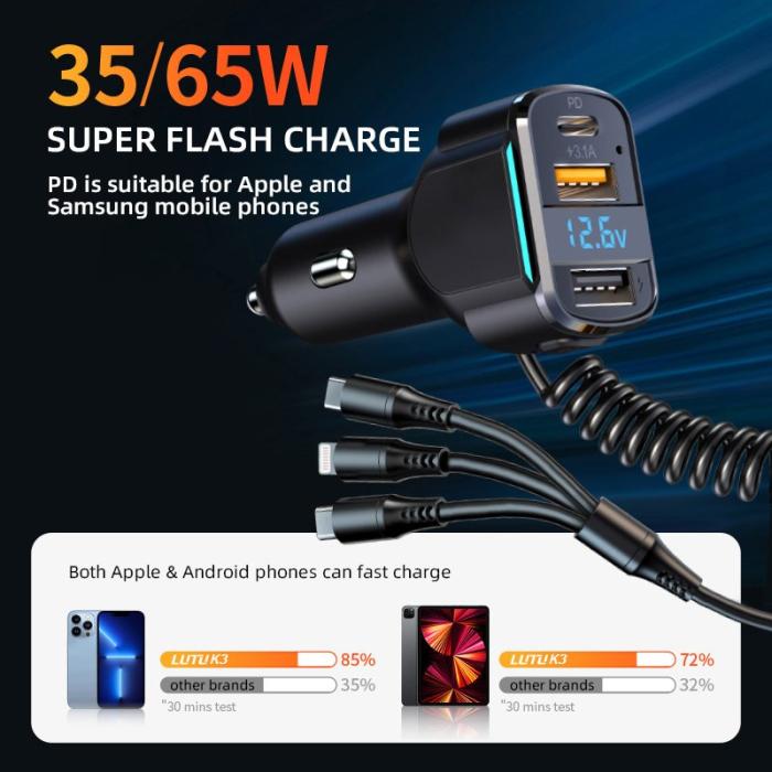 OEM - K4 Dual USB + 1 Type-C PD Snabbladdare för bil med digital display, svart