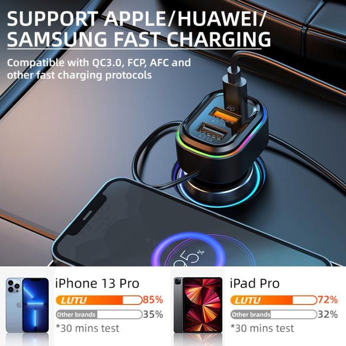 OEM - K5 2 USB + 1 Type-C PD Snabbladdare Biladapter med 3-i-1 Laddkabel