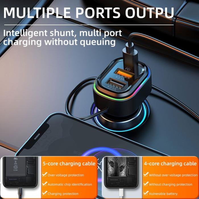 OEM - K5 2 USB + 1 Type-C PD Snabbladdare Biladapter med 3-i-1 Laddkabel