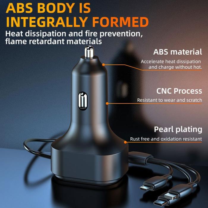 OEM - K5 2 USB + 1 Type-C PD Snabbladdare Biladapter med 3-i-1 Laddkabel