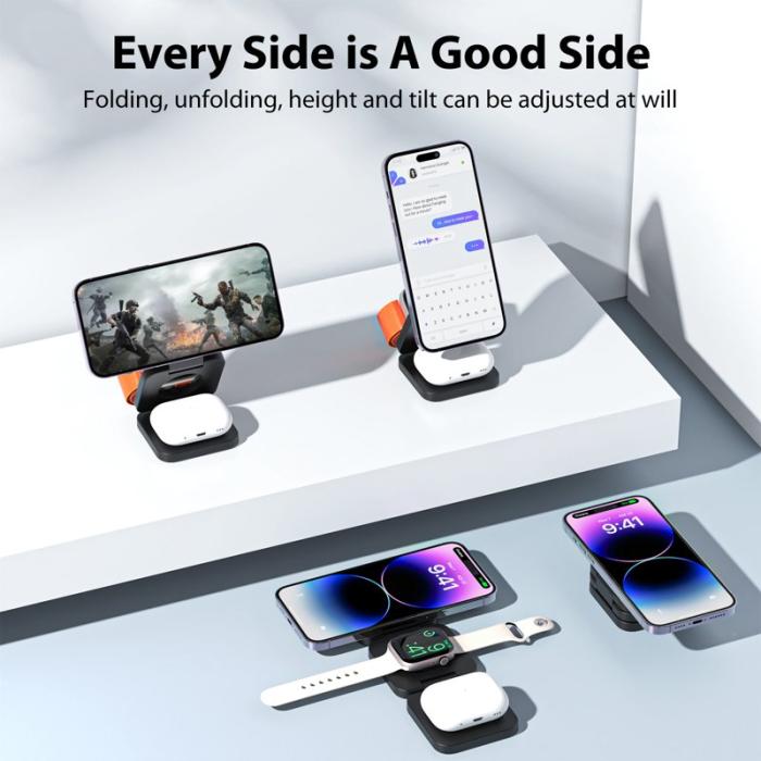 OEM - KU XIU X55 Fällbar laddningsplatta för iPhone, Apple Watch, AirPods - Svart
