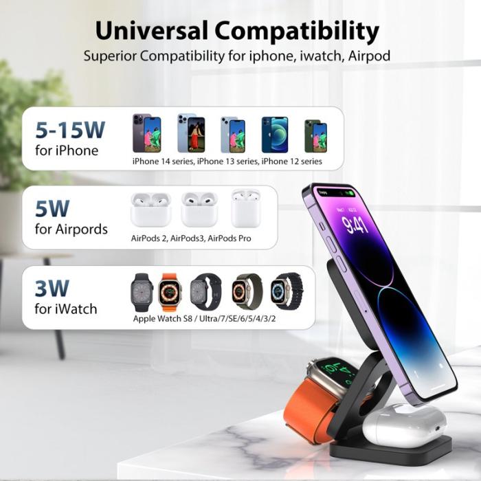OEM - KU XIU X55 Fällbar laddningsplatta för iPhone, Apple Watch, AirPods - Svart