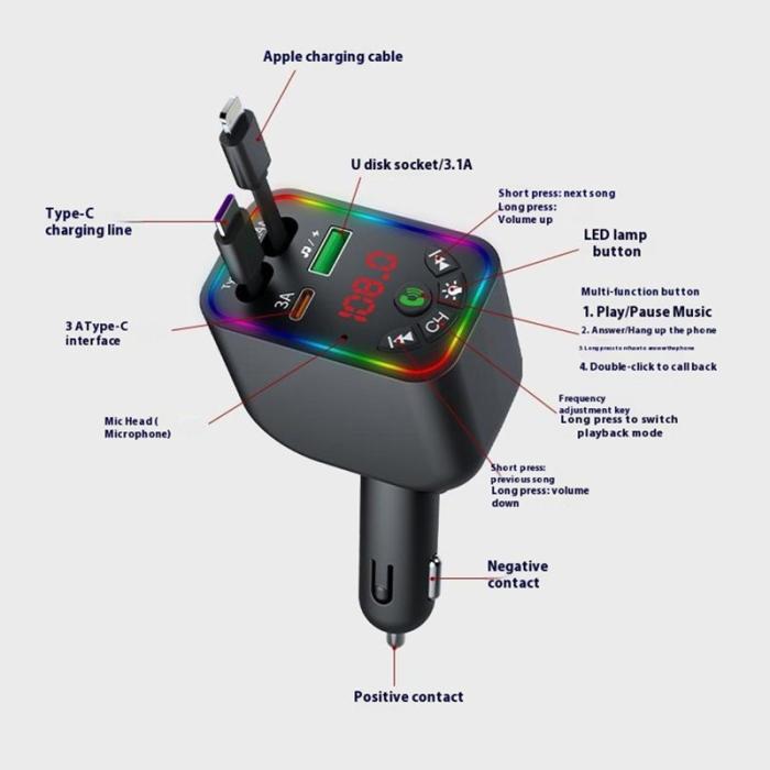 OEM - L5 Bil Bluetooth MP3-spelare med handsfree, FM-sändare, snabb laddare, svart