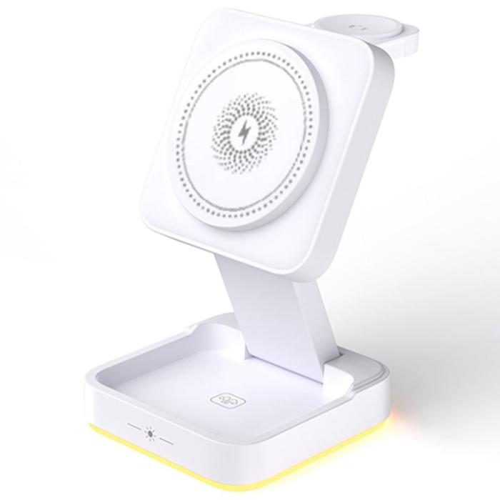 OEM - LHT-69 Telefonklocka Hörlurar 3-i-1 Fällbar Trådlös Laddare - Vit