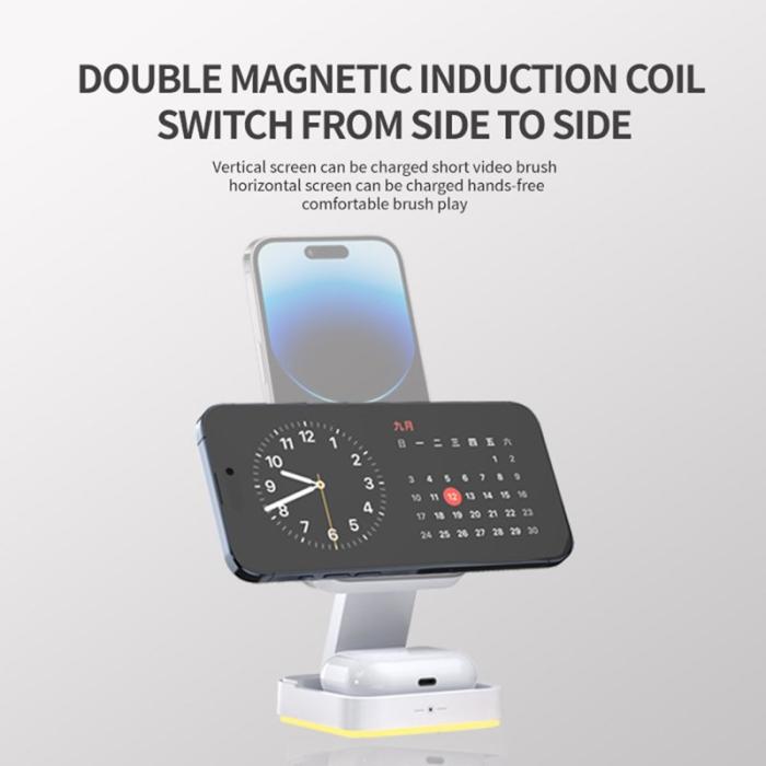 OEM - LHT-69 Telefonklocka Hörlurar 3-i-1 Fällbar Trådlös Laddare - Vit