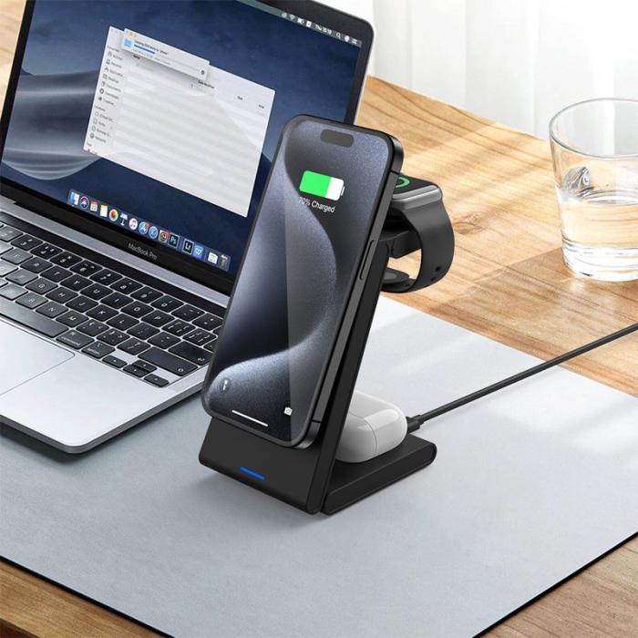 OEM - M10 3-i-1 Magnetisk Trådlös Laddare för iPhone 12/13/14/15 - Svart