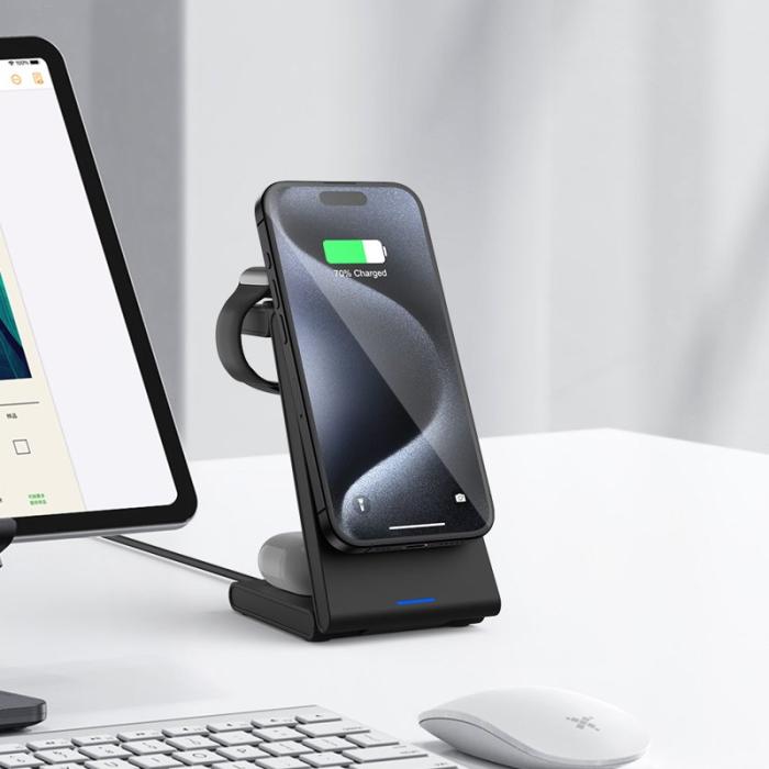OEM - M10 3-i-1 Magnetisk Trådlös Laddare för iPhone 12/13/14/15 - Svart