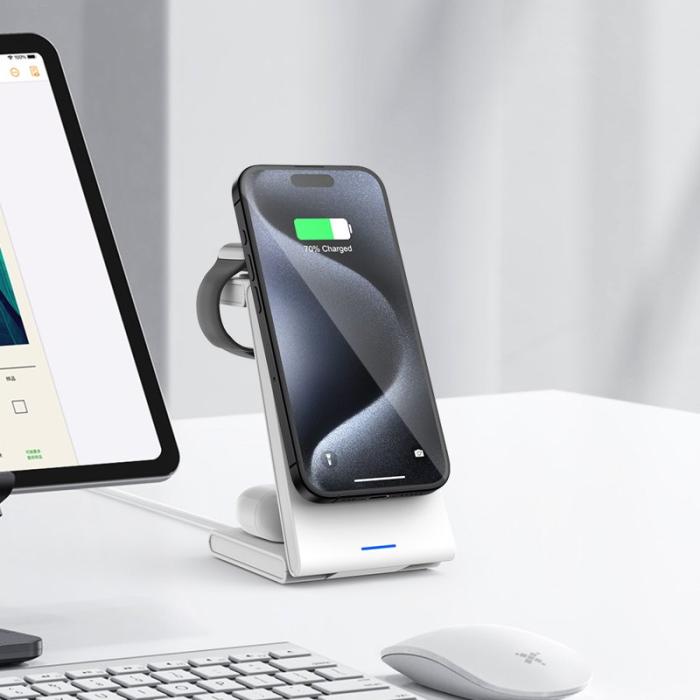 OEM - M10 3-i-1 Magnetisk Trådlös Laddare för iPhone 12/13/14/15 - Vit
