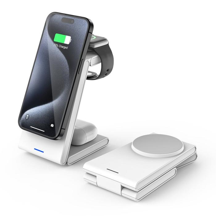OEM - M10 3-i-1 Magnetisk Trådlös Laddare för iPhone 12/13/14/15 - Vit/Grå