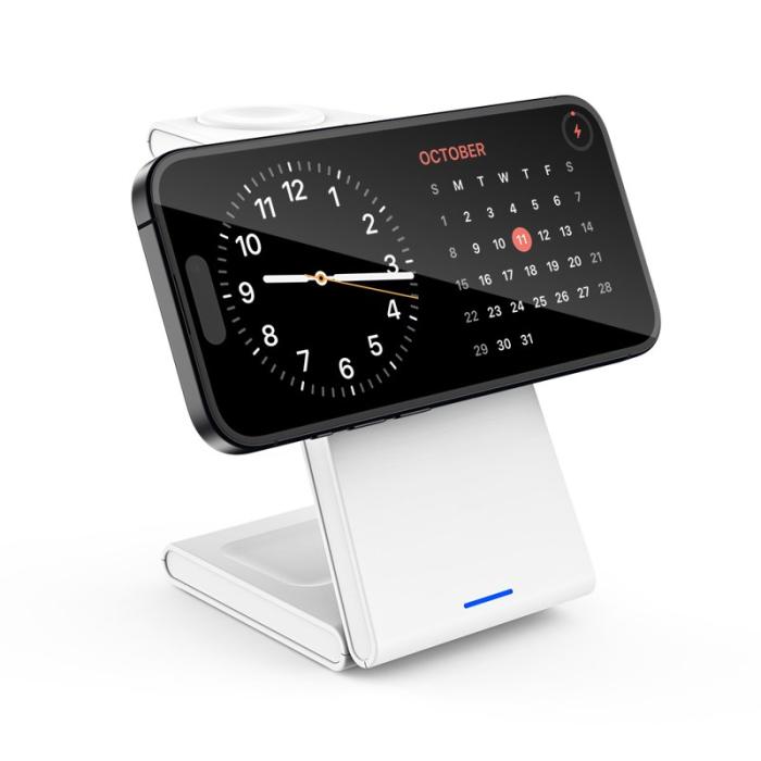 OEM - M10 3-i-1 Magnetisk Trådlös Laddare för iPhone 12/13/14/15 - Vit/Grå