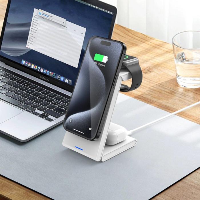 OEM - M10 3-i-1 Magnetisk Trådlös Laddare för iPhone 12/13/14/15 - Vit/Grå